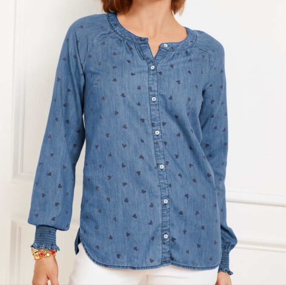 Talbots Blue Button Down Shirt with Heart Pattern